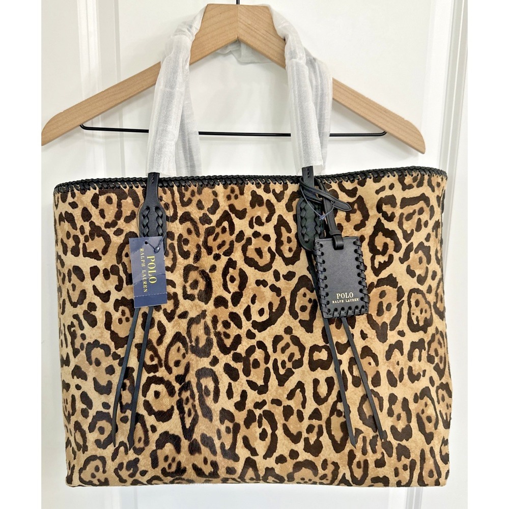 Polo Ralph Lauren Animal Print Calf Leather Real Fur Tote Bag Black Multi RARE